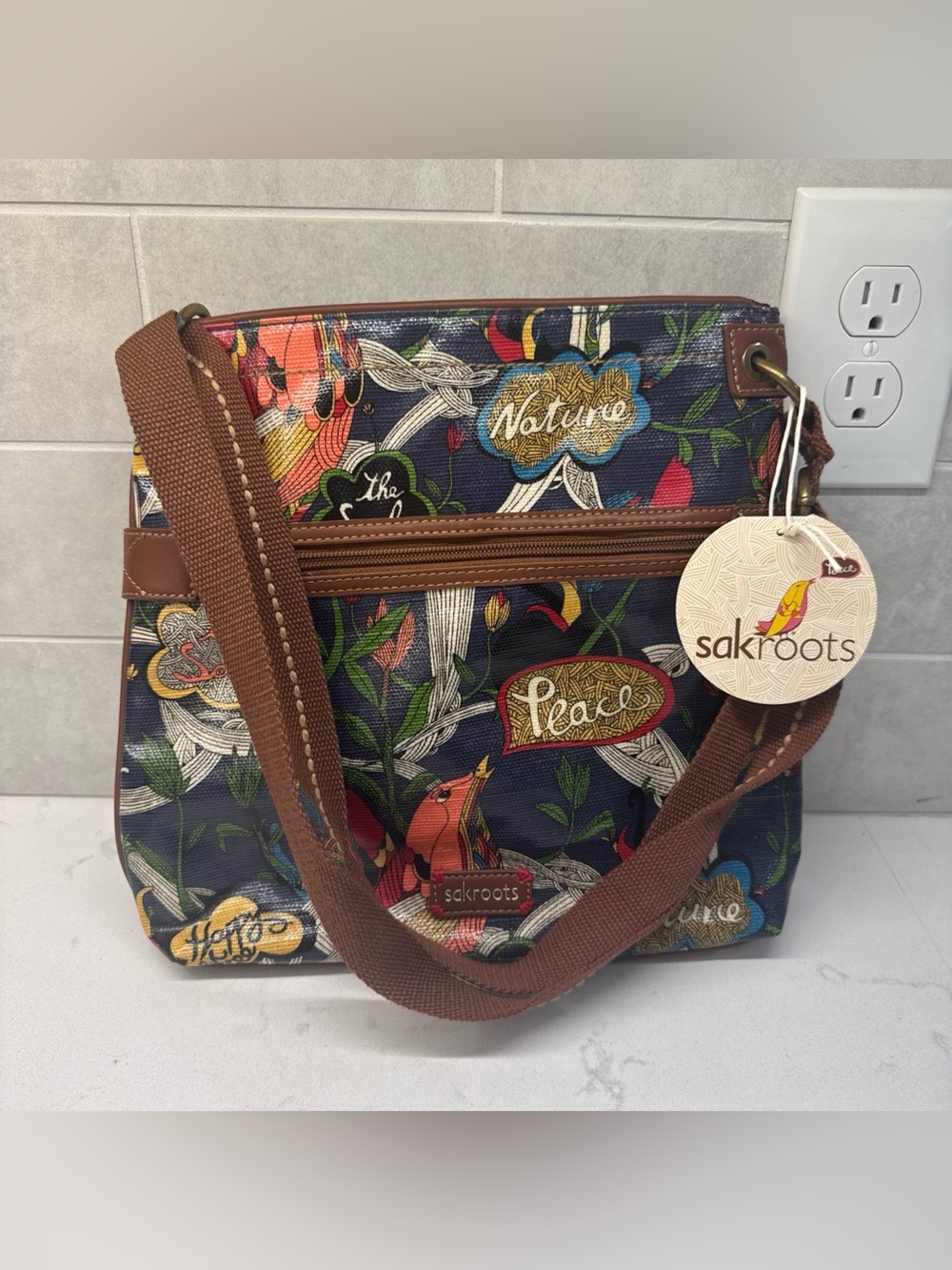 Sakroots Navy Floral Canvas Shoulder Bag with Brown Strap